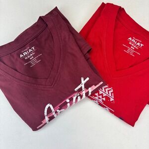 Ariat REAL V Neck T Shirt Bundle Women's Size M Red & Burgundy Graphic Tee Lot 2